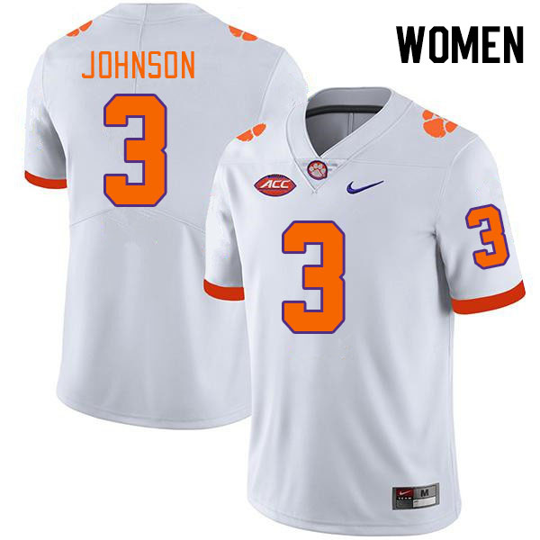 Women's Clemson Tigers Noble Johnson #3 College White NCAA Authentic Football Stitched Jersey 23AT30UE